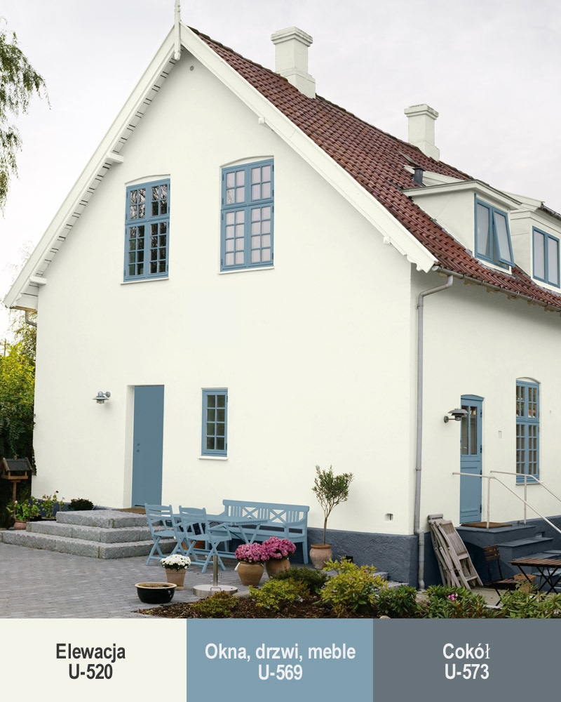 Do białej elewacji możesz dobrać kontrastowy kolor framug i ościeżnic, który nada domowi niepowtarzalny charakter. Opcję połączenia jasnej elewacji z ciemnym kolorem stolarki wybrano na poniższych dwóch zdjęciach: