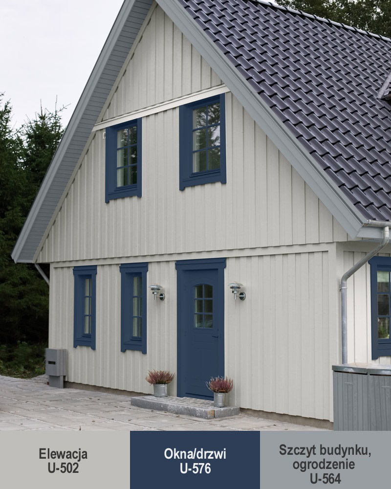 Do białej elewacji możesz dobrać kontrastowy kolor framug i ościeżnic, który nada domowi niepowtarzalny charakter.Opcję połączenia jasnej elewacji z ciemnym kolorem stolarki wybrano na poniższych dwóch zdjęciach: