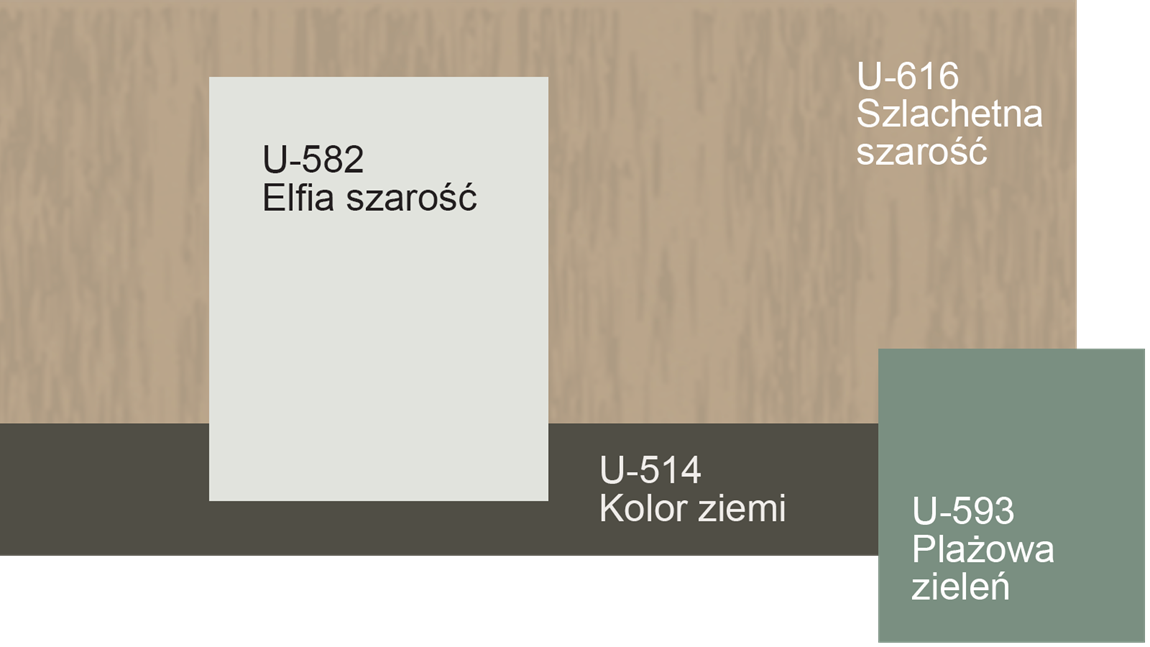 Naturalne, stłumione odcienie szarości. Plażowa zieleń tworzy kontrast. Szlachetna szarość, Elfia szarość, Głęboki Brąz, Plażowa zieleń